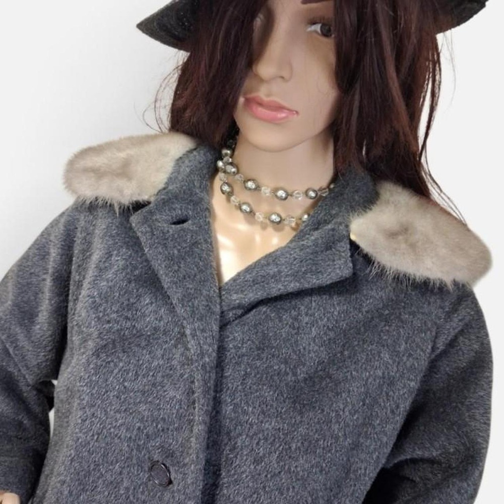 Vintage 50s 60s Luxury Charcoal Gray Wool Genuine Mink Fur Collar Overcoat M L - Picture 2 of 8